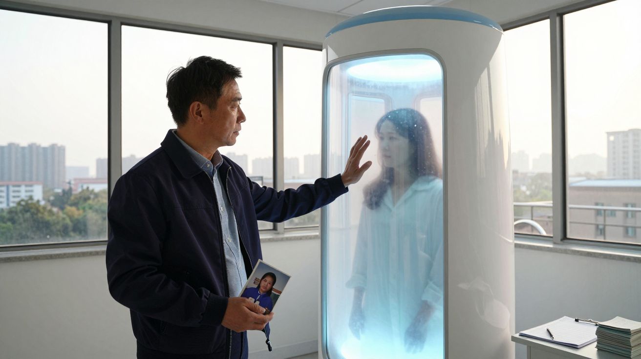 Homem com foto toca cápsula onde mulher está imersa em luz azul translúcida numa sala com janelas grandes.