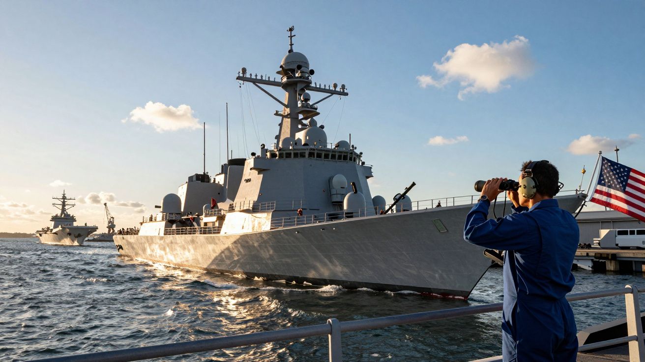 Marinheiro observa com binóculos um navio de guerra cinzento atracado sob céu azul com nuvens.