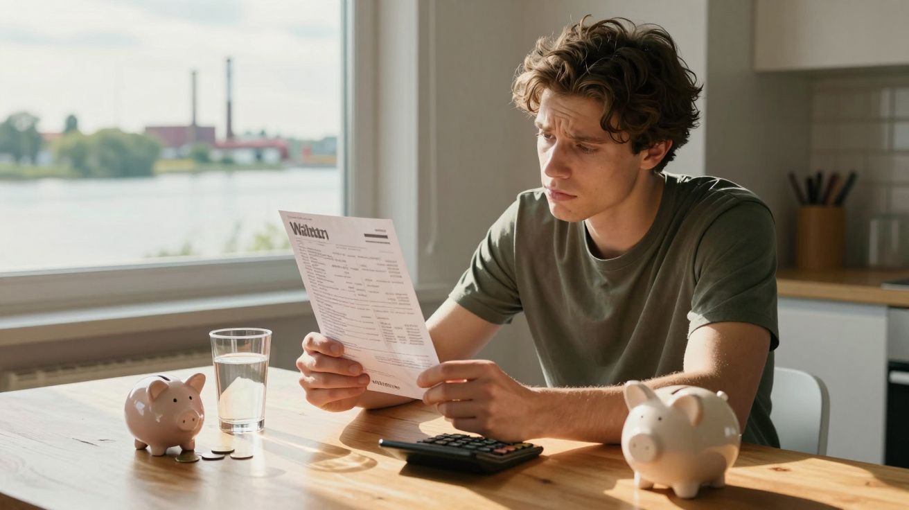 Jovem sentado à mesa, a analisar uma fatura com uma calculadora, cofrinhos e um copo de água.