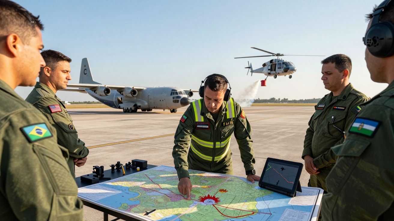 Militares planeiam missão em mapa numa pista com avião e helicóptero em voo de treino ao fundo.