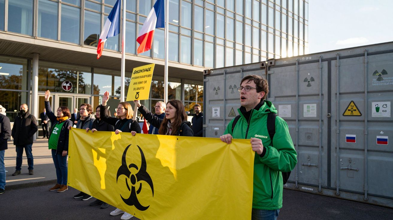 Manifestantes da Greenpeace seguram faixa amarela com símbolo de risco biológico junto a contentores e bandeiras francesas.