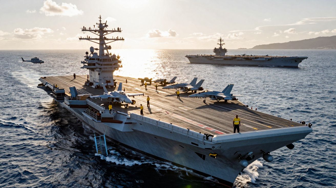 Porta-aviões no mar com caças estacionados no convés e um helicóptero a voar ao lado ao pôr do sol.