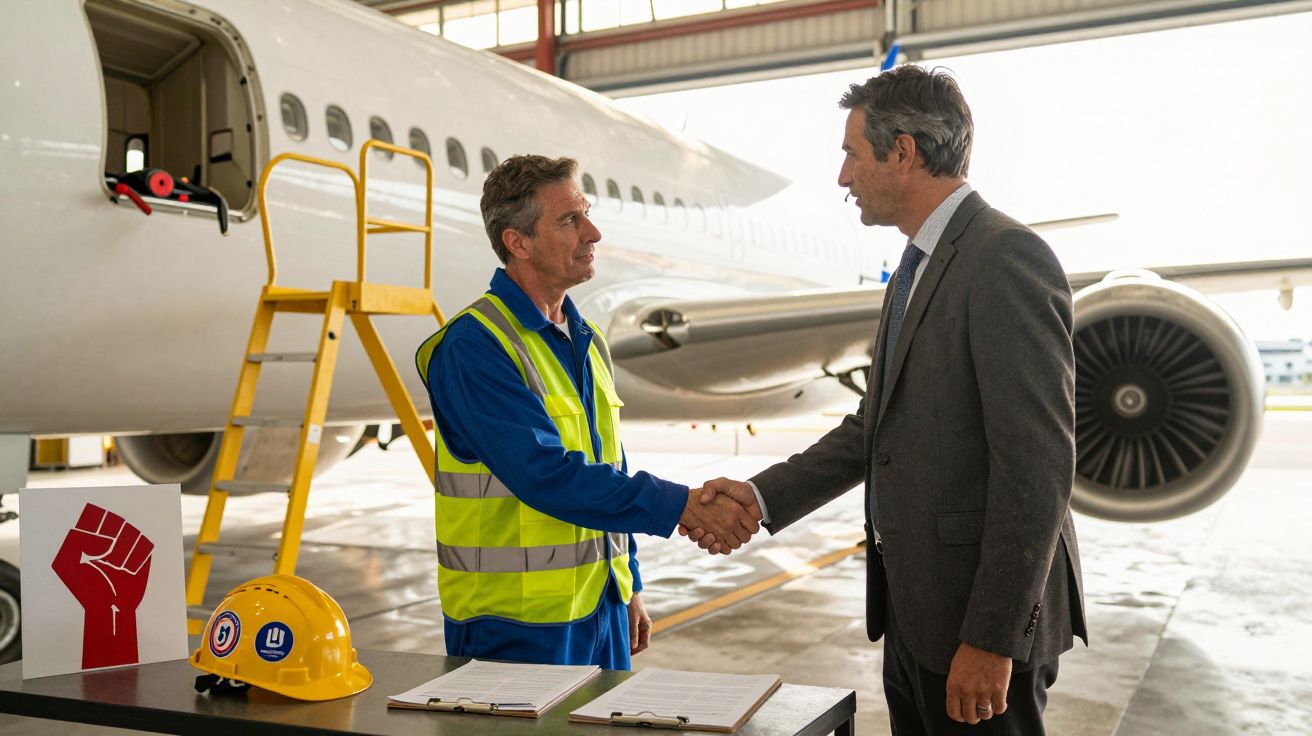 Dois homens apertam as mãos junto a um avião numa área de hangar, um de fato e outro de colete refletor.