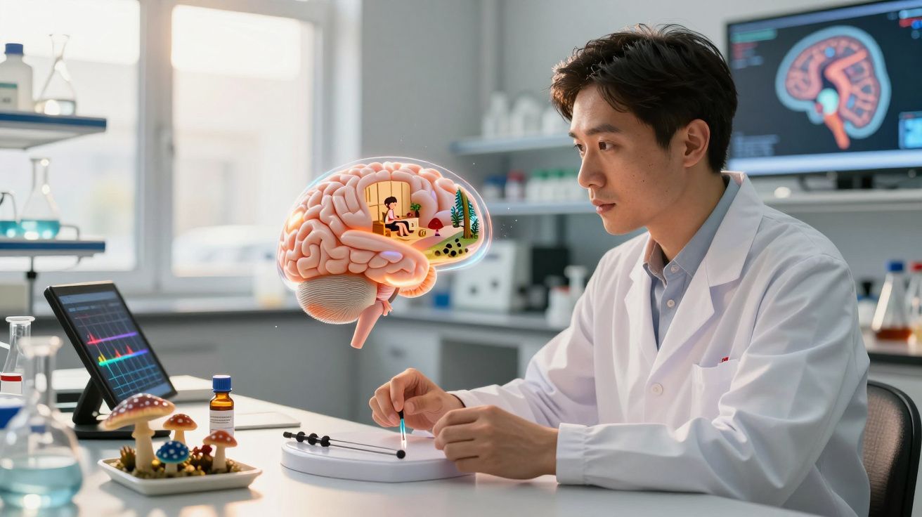 Cientista em laboratório analisa cérebro com representação digital de uma pessoa numa sala dentro do órgão.