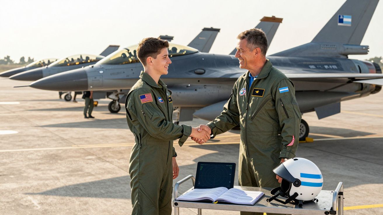 Dois pilotos militares apertam as mãos num aeródromo com jato de caça ao fundo e capacete em mesa próxima.