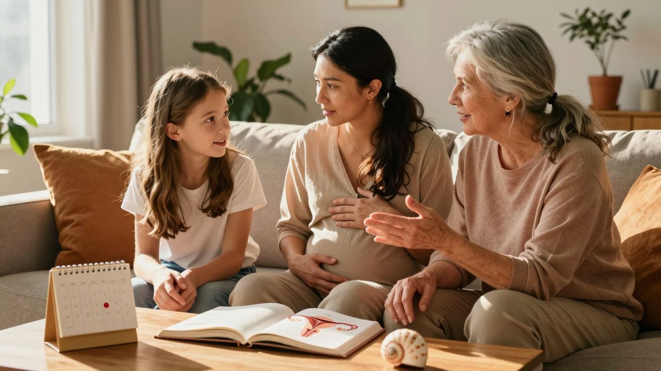 Três gerações de mulheres conversam sentadas num sofá com um livro aberto sobre anatomia feminina numa mesa.