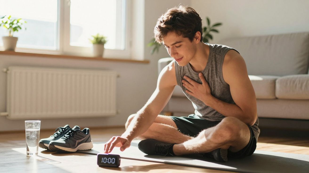 Homem jovem sentado no chão ajustando relógio digital durante treino em casa.