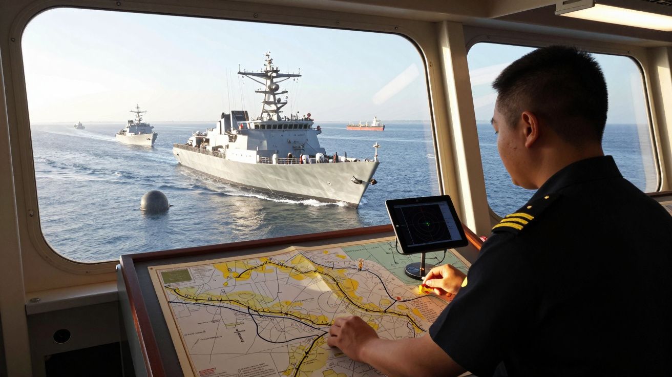 Militar naval a observar e a mapear rotas na ponte de comando com navios no mar à vista.