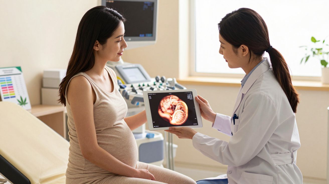 Mulher grávida conversa com médica que mostra ultrassom do bebé num tablet numa consulta.