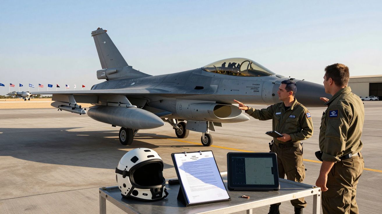 Dois pilotos na pista junto a um caça F-16 estacionado com capacete e equipamento numa mesa à frente.
