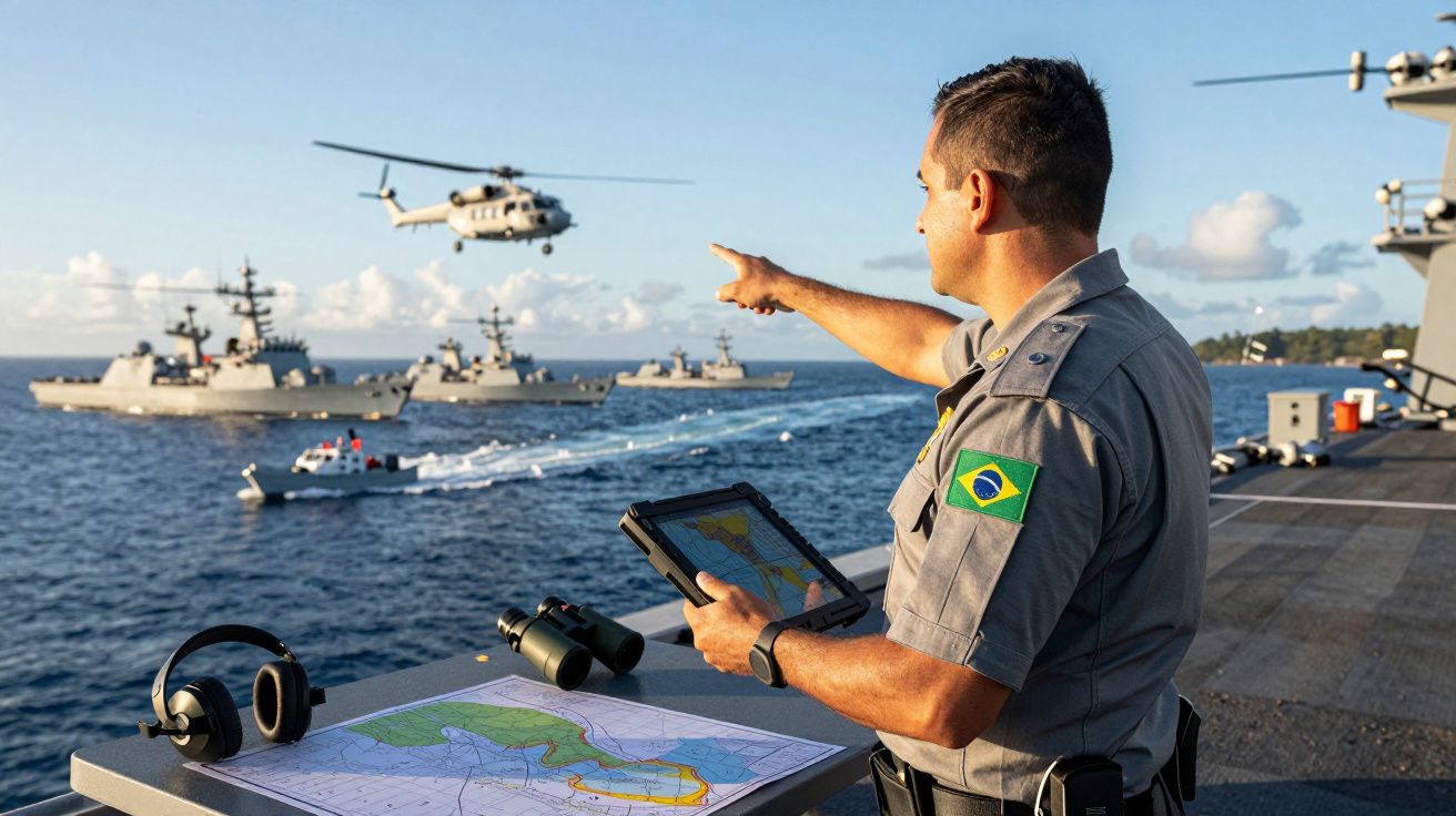Militar brasileiro com tablet a apontar para helicóptero, vários navios militares no mar ao fundo.
