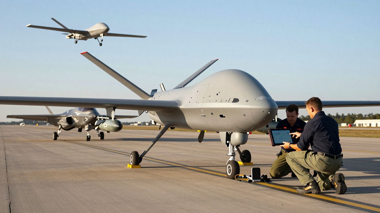 Dois técnicos operam um drone militar cinzento numa pista de descolagem com aviões militares ao fundo.