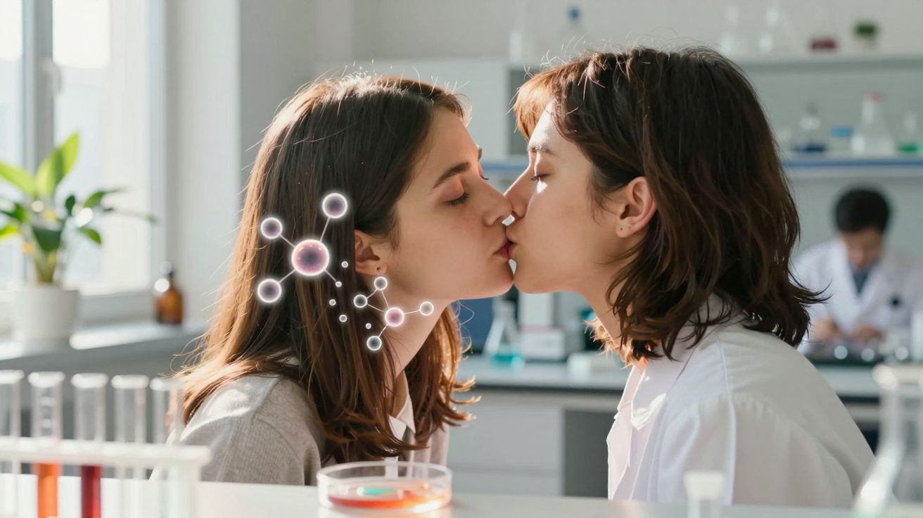 Duas mulheres beijam-se num laboratório, com moléculas virtuais sobrepostas à imagem.