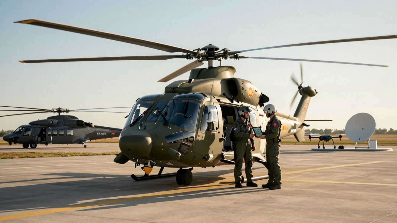 Helicópteros militares verdes parados num aeródromo, com dois pilotos de uniforme a conversar junto a um deles.