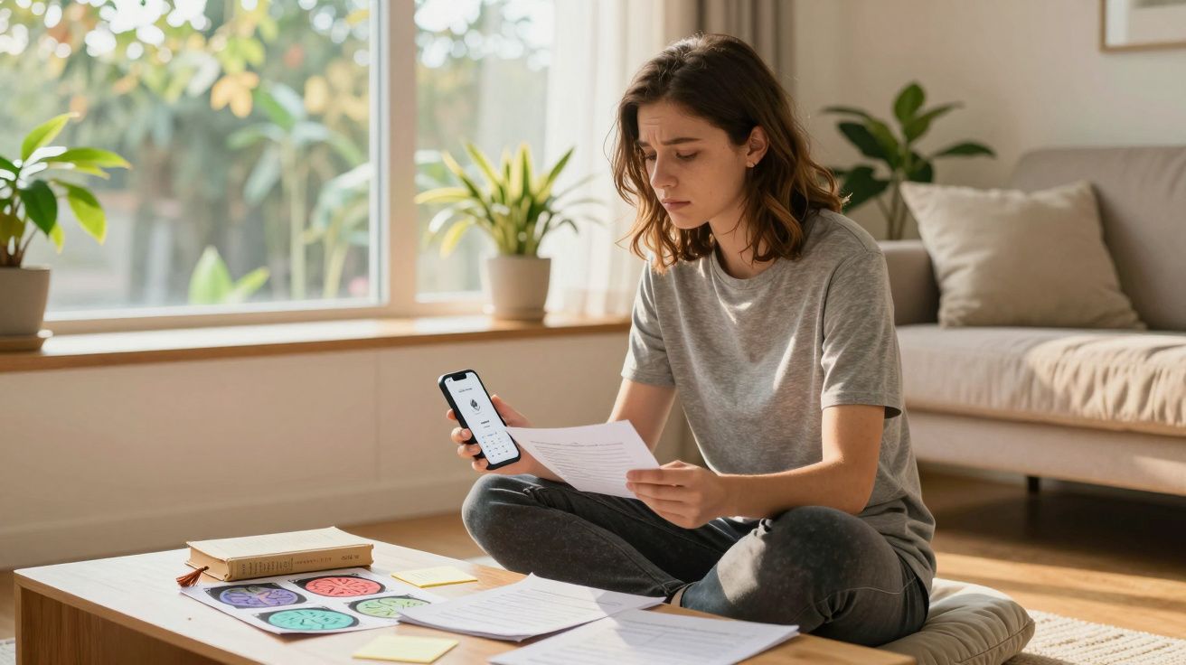 Mulher sentada no chão a ler documentos, segurando um telemóvel, rodeada de papéis numa sala iluminada.