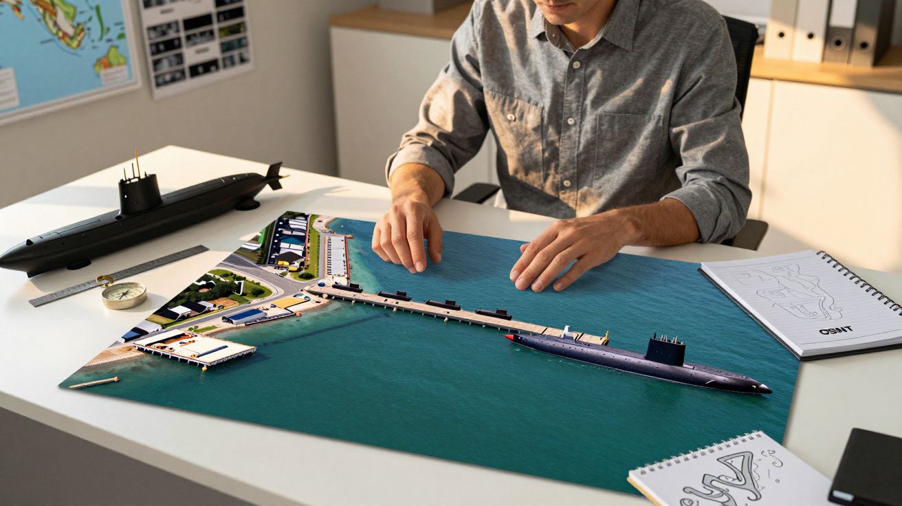 Pessoa a manipular maquete com submarinos num mesa de trabalho iluminada por luz natural.