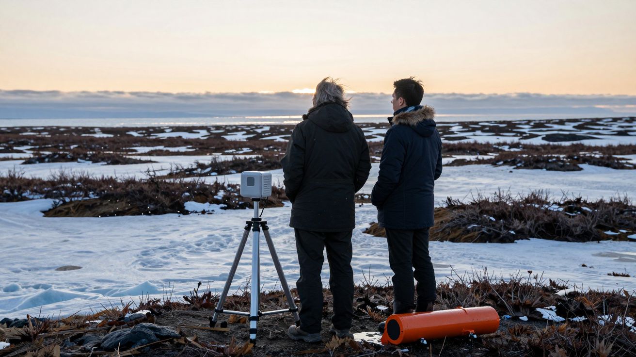 Duas pessoas vestidas com casacos observam uma paisagem nevada com equipamento científico.