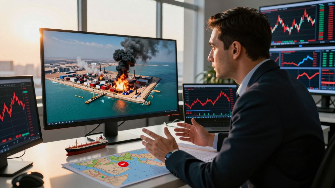 Homem de negócios em escritório a analisar gráficos e incêndio num porto industrial mostrado num ecrã.