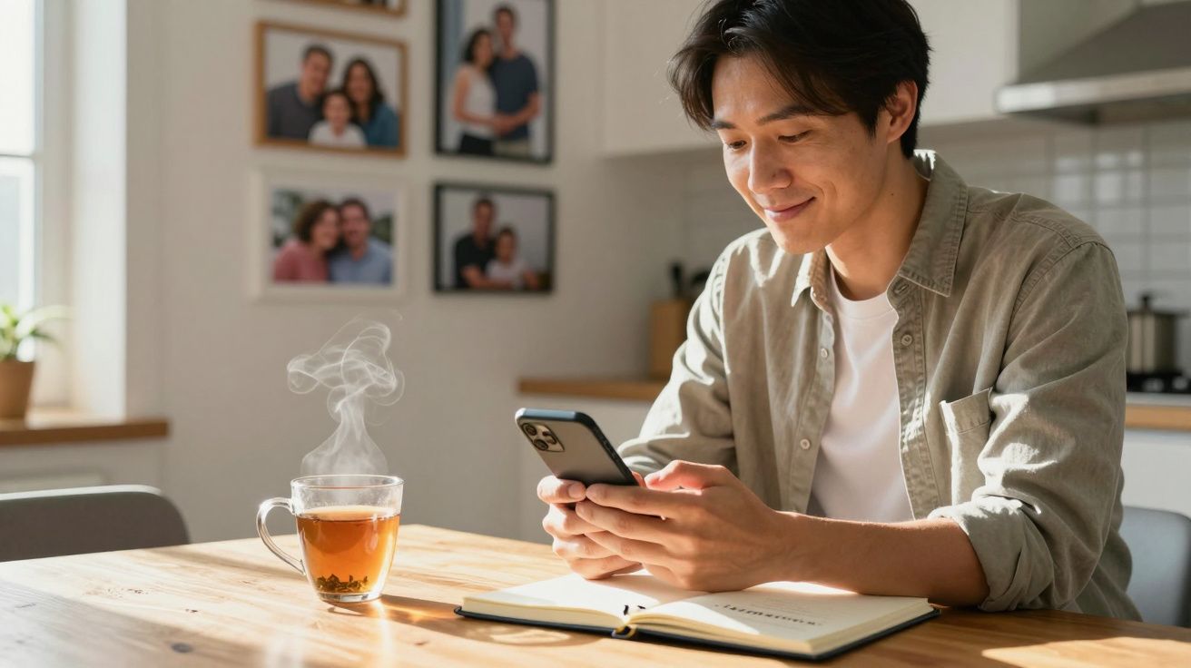 Homem sorridente a usar telemóvel sentado à mesa com chá quente e caderno aberto numa cozinha iluminada.