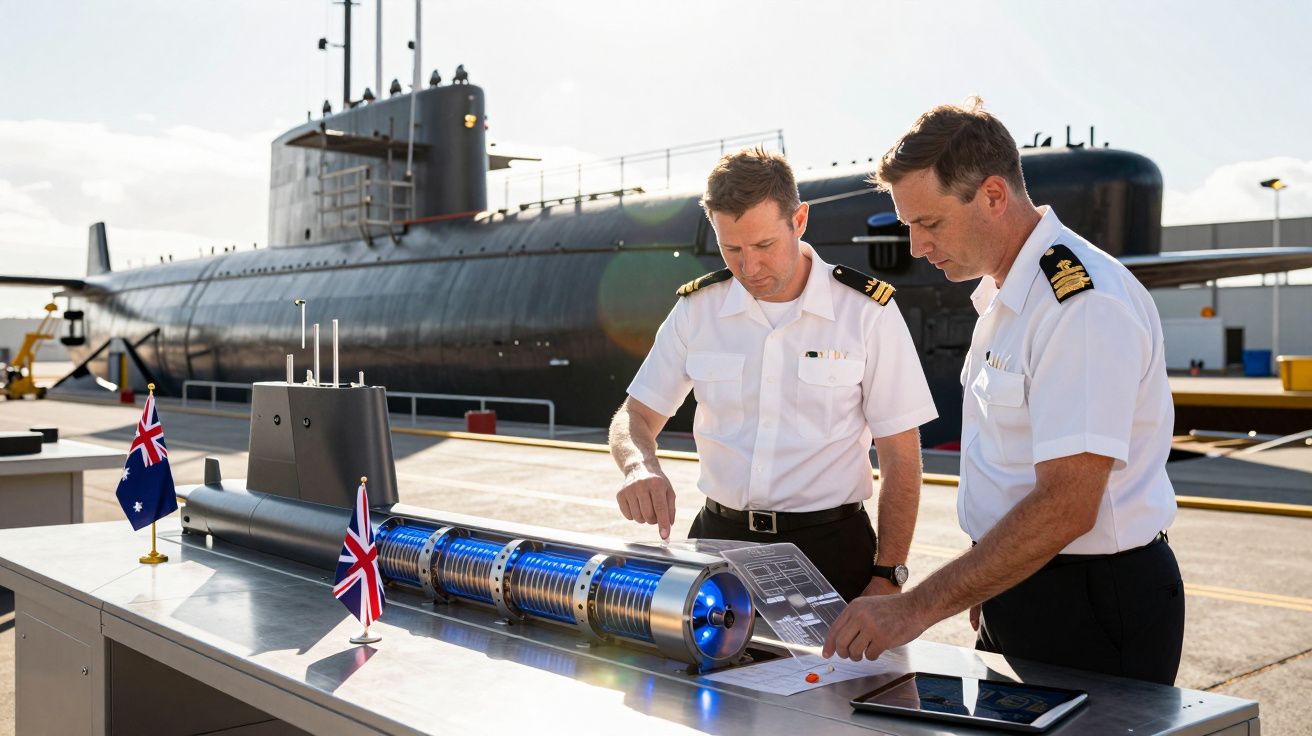 Dois oficiais navais em uniformes brancos analisam modelo de submarino com bandeiras australiana e britânica ao fundo.