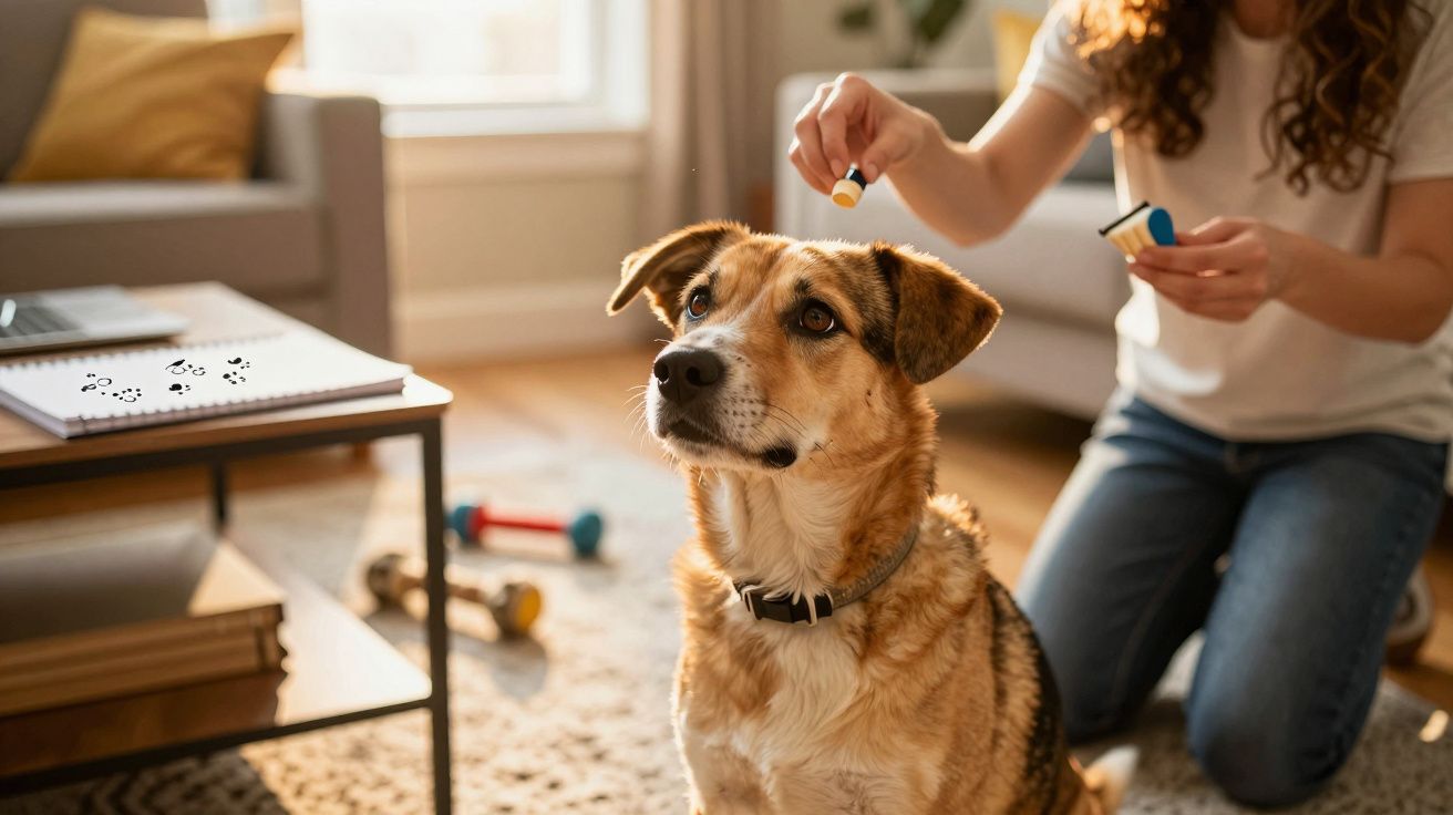 Pessoa a dar medicação a cão castanho num ambiente doméstico iluminado.