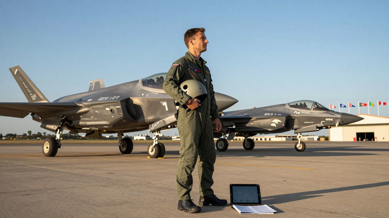 Piloto militar em fato de voo verde em pista com capacete e dois aviões de combate ao fundo.