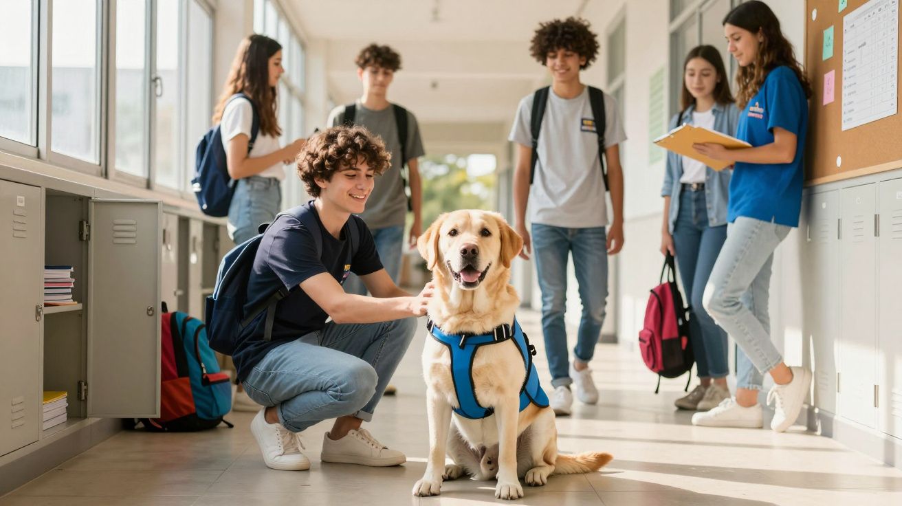 Estudante com cão-guia no corredor da escola, outros jovens ao fundo com mochilas.