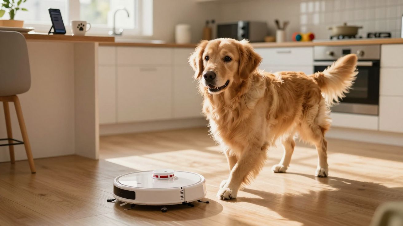 Cão de raça golden retriever a andar numa cozinha ao lado de um aspirador robô branco.