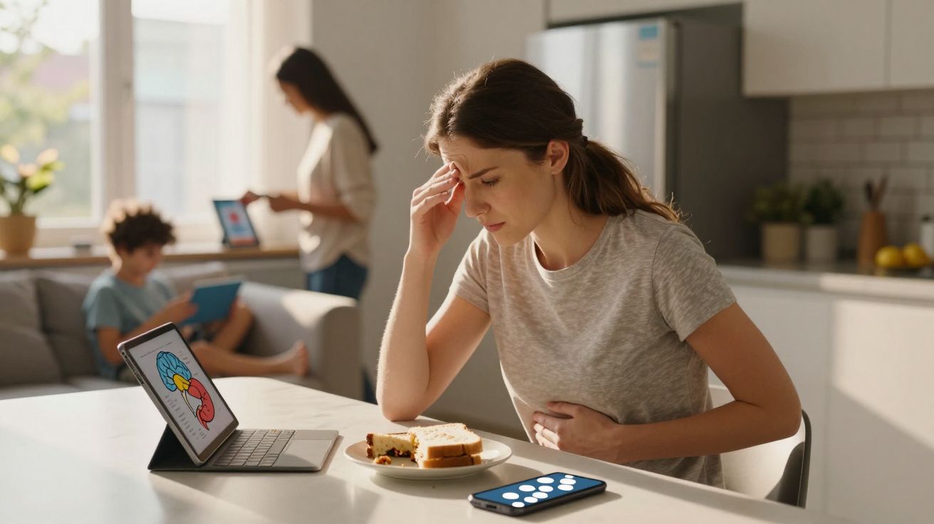 Jovem mulher com dor de cabeça e barriga sentada à mesa com sanduíche, telefone e tablet com imagem de cérebro.
