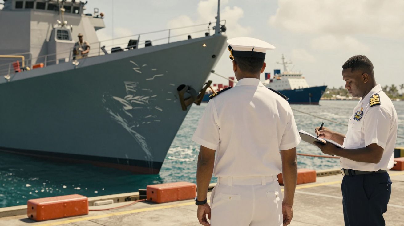 Dois militares da marinha, um escrevendo em caderno, diante de navios ancorados junto a um cais.