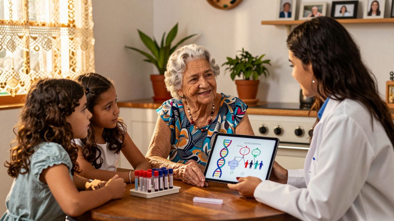 Médica mostra estudo genético a senhora idosa e duas crianças numa cozinha acolhedora.
