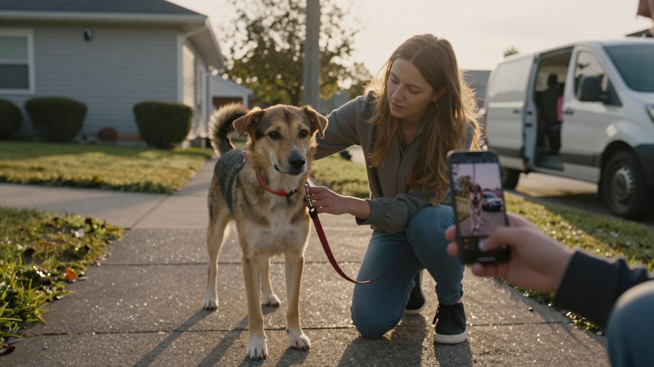 Mulher a fotografar um cão com coleira vermelha numa calçada em bairro residencial.