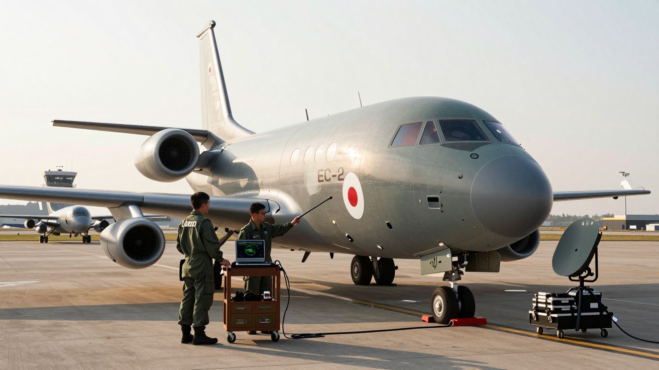 Avião militar cinzento estacionado com dois técnicos em uniforme a operar equipamento no solo.