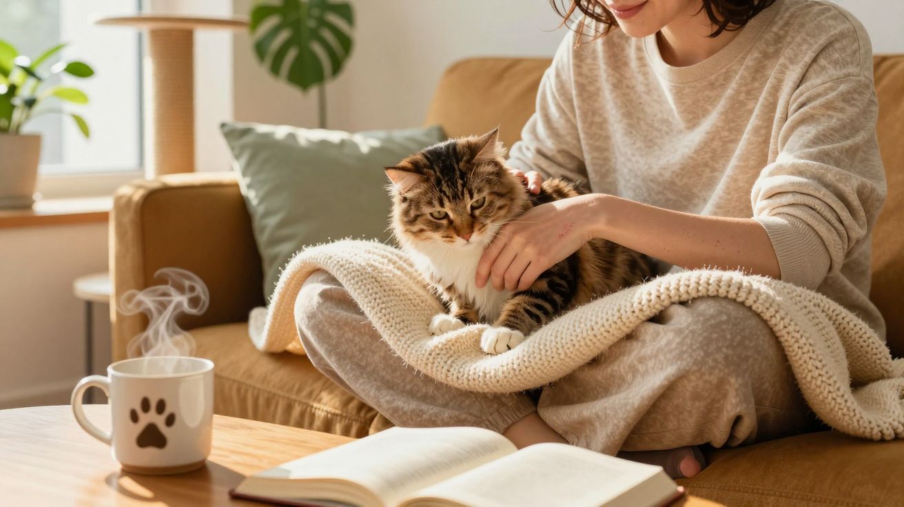 Pessoa a fazer carinho num gato sentado no sofá com manta, chá quente e livro aberto numa mesa à frente.
