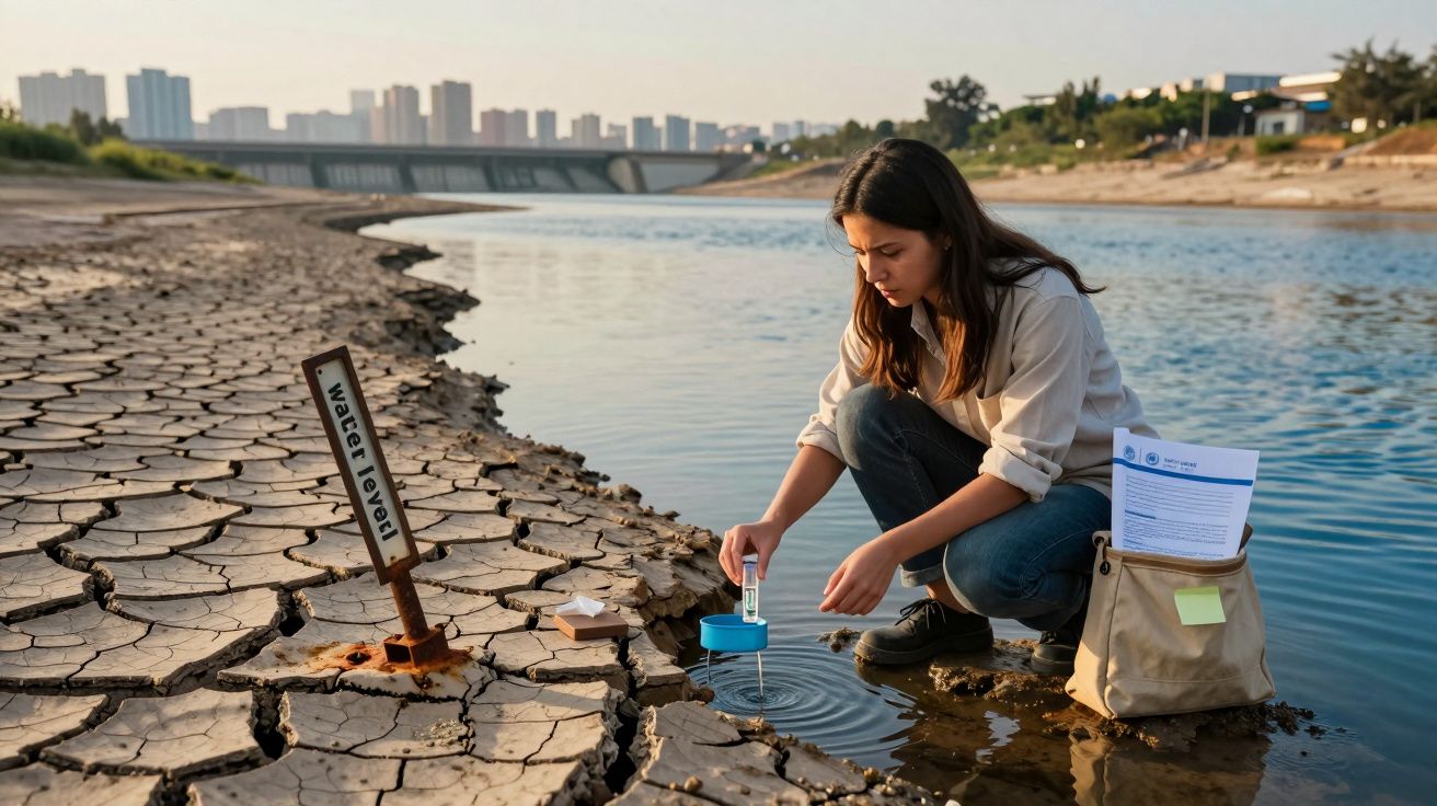 Mulher a recolher amostra de água num rio seco com sinal de nível da água e prédios ao fundo.