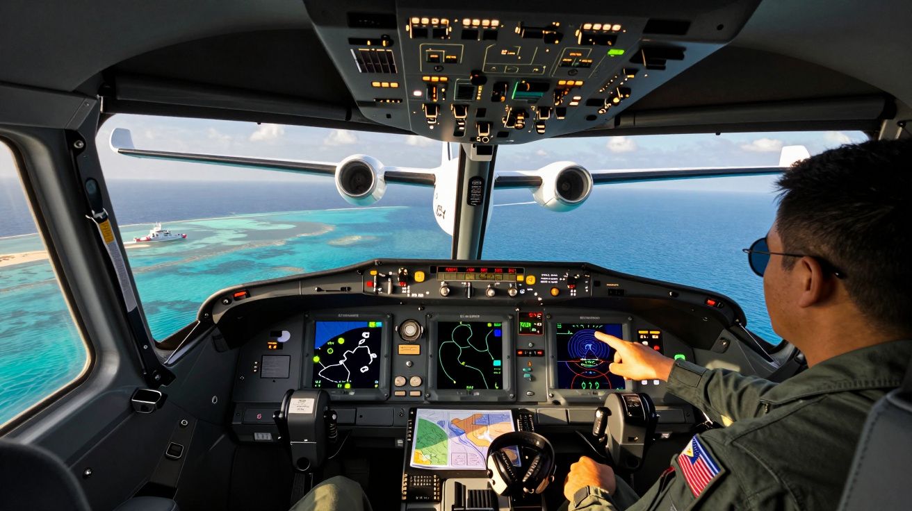 Cockpit de avião com piloto a operar controles, vista panorâmica de mar e ilha ao fundo.