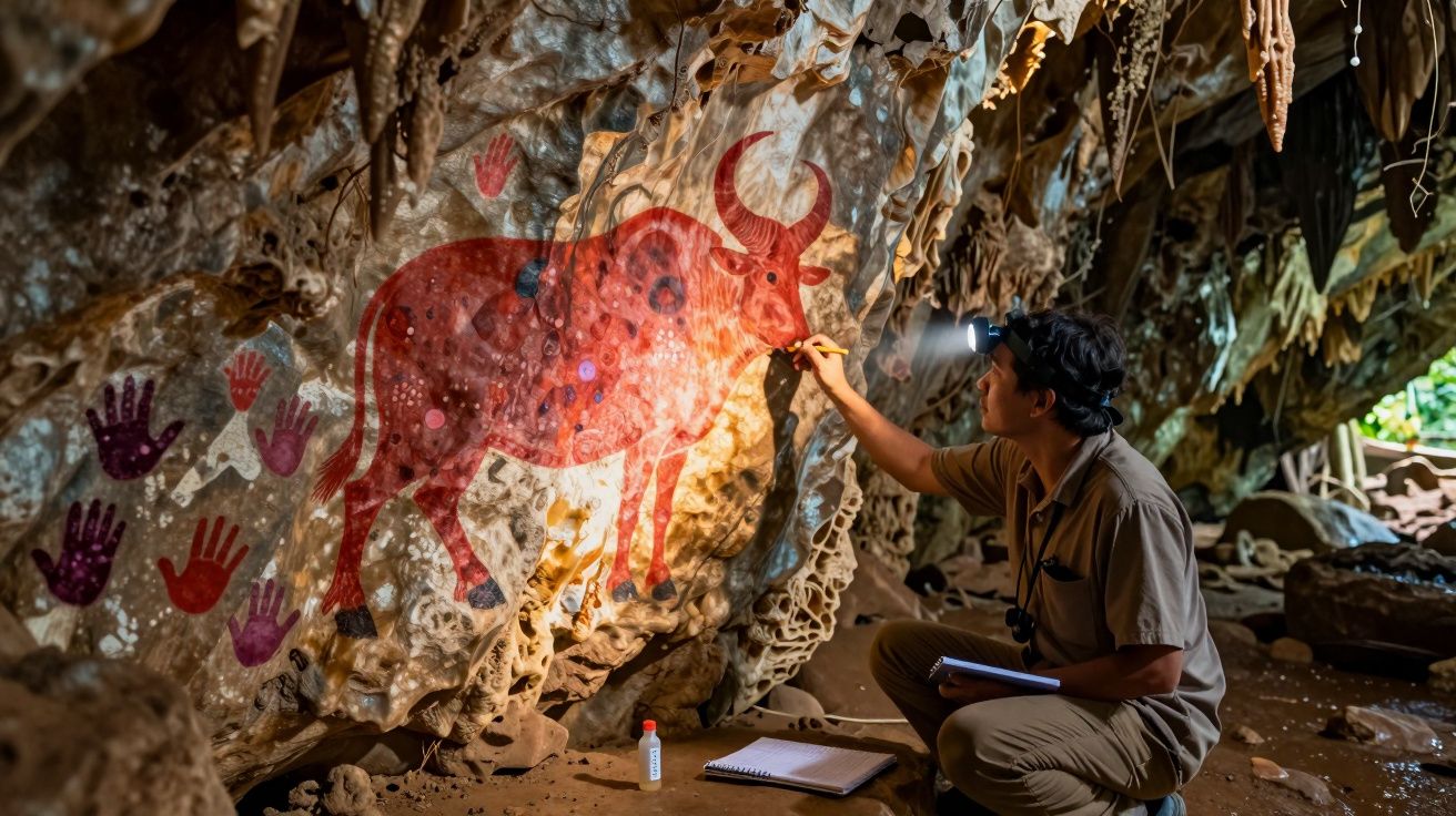 Investigador com luz de cabeça examina pinturas rupestres de um animal num interior de caverna.