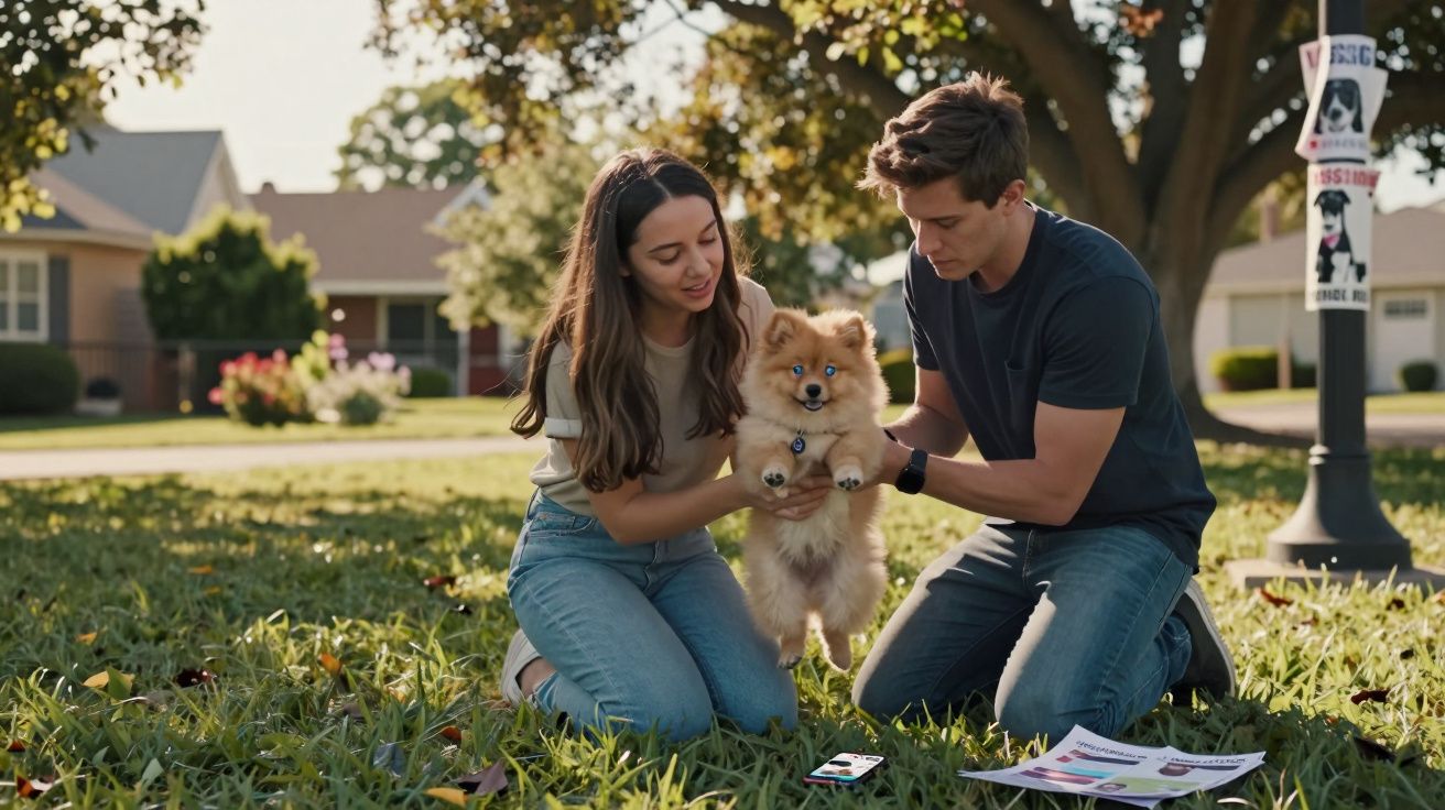 Casal jovem ajoelhado na relva a segurar um cão pequeno e fofo num parque ensolarado.