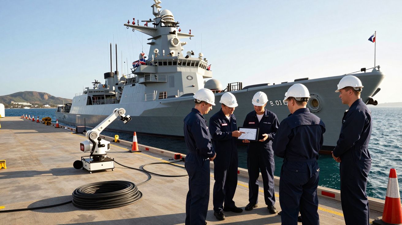 Cinco militares com capacetes brancos discutem documentos perto de um navio de guerra atracado no porto.