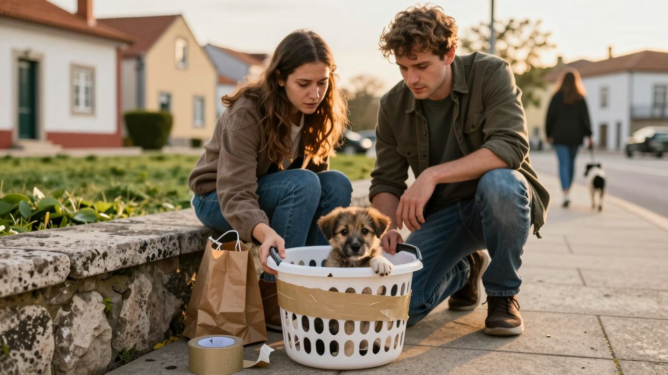 Casal jovem com um cão num cesto de roupa na rua, junto a um saco de papel e fita adesiva.