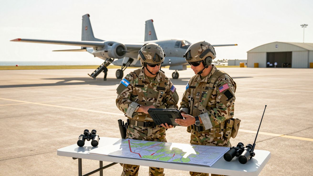 Dois militares em uniforme camuflado consultam um mapa e um tablet num aeroporto militar, com avião ao fundo.