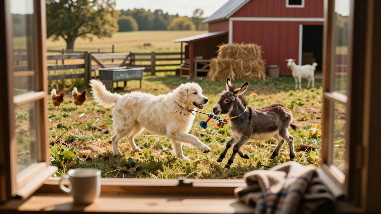 Cão e burro brincam juntos num campo rural com galinhas, cabra e celeiro ao fundo, visto por janela aberta.