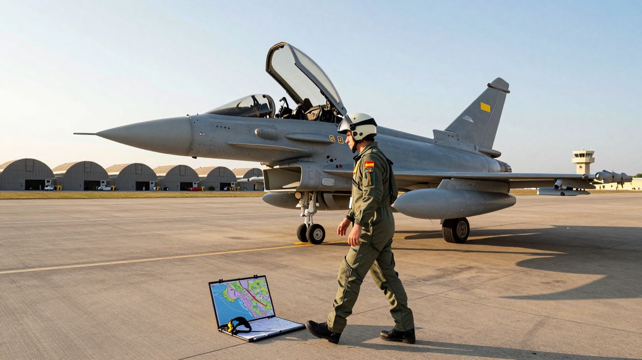 Piloto militar com fato de voo e capacete caminha no aeroporto próximo de um caça com cockpit aberto e portátil no chão.