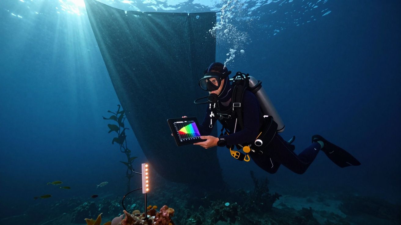 Mergulhador com equipamento técnico a analisar dados num tablet no fundo do oceano iluminado por luz artificial.
