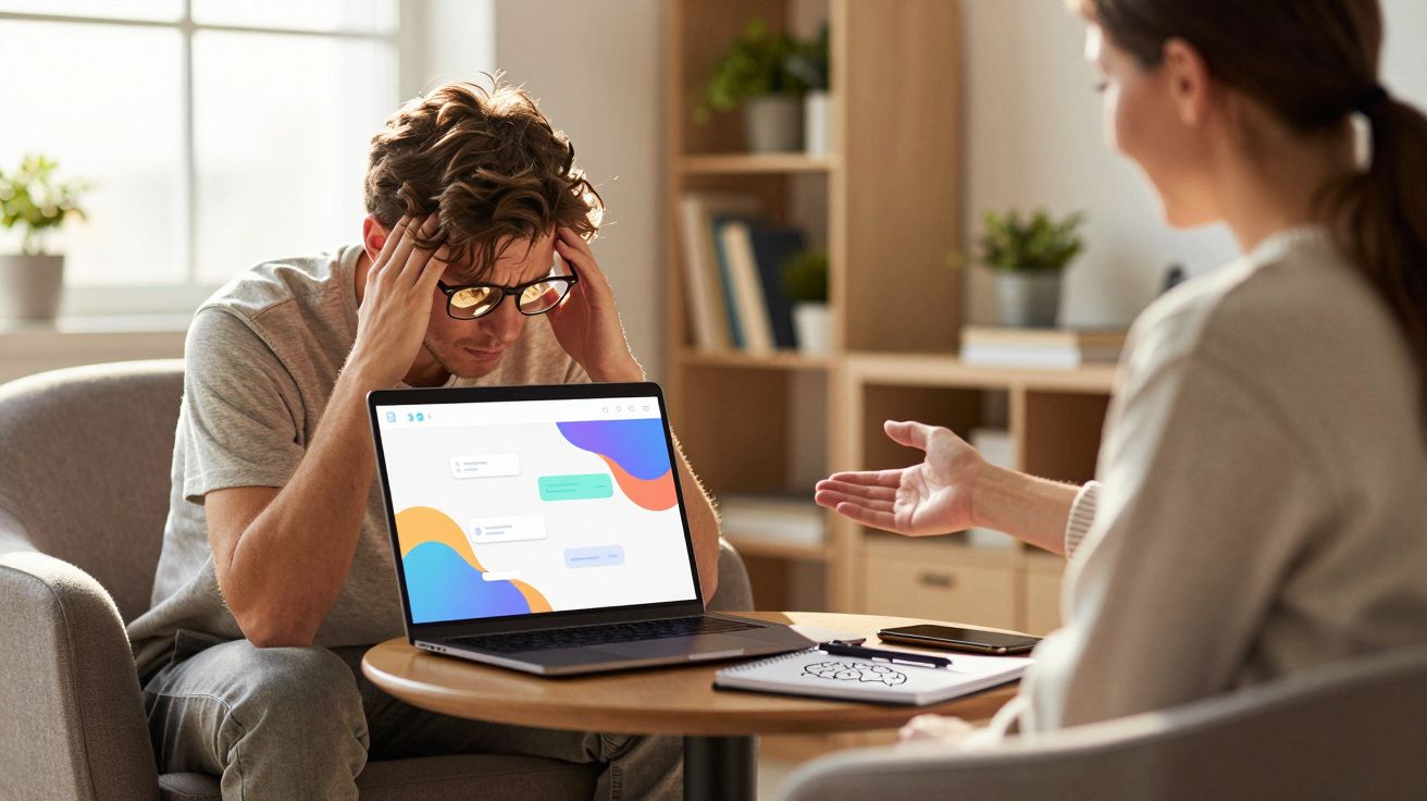 Homem stressado senta-se com as mãos na cabeça enquanto fala com mulher numa sessão de aconselhamento.