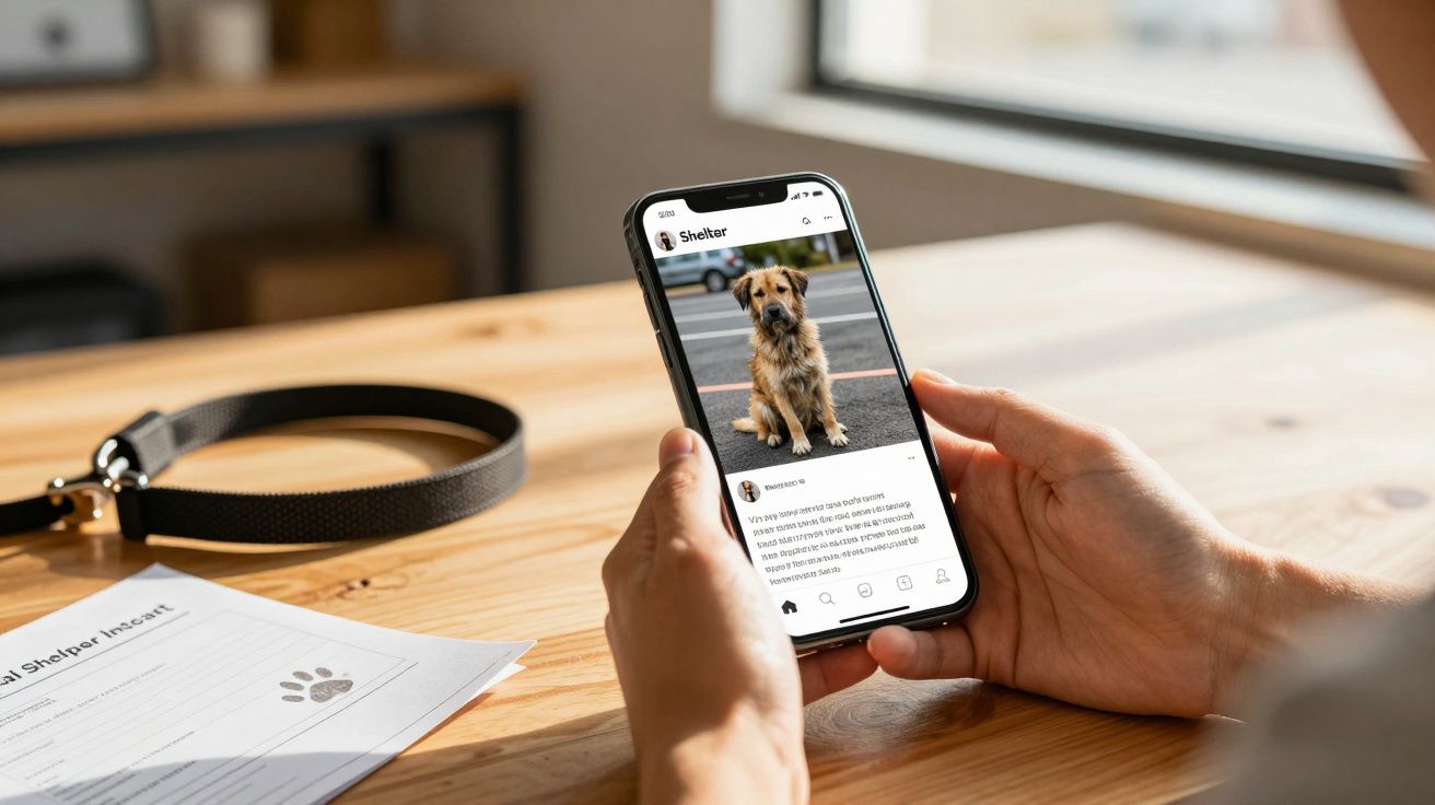 Mãos seguram smartphone com foto de cão para adoção, ao lado coleira e formulário numa mesa de madeira.