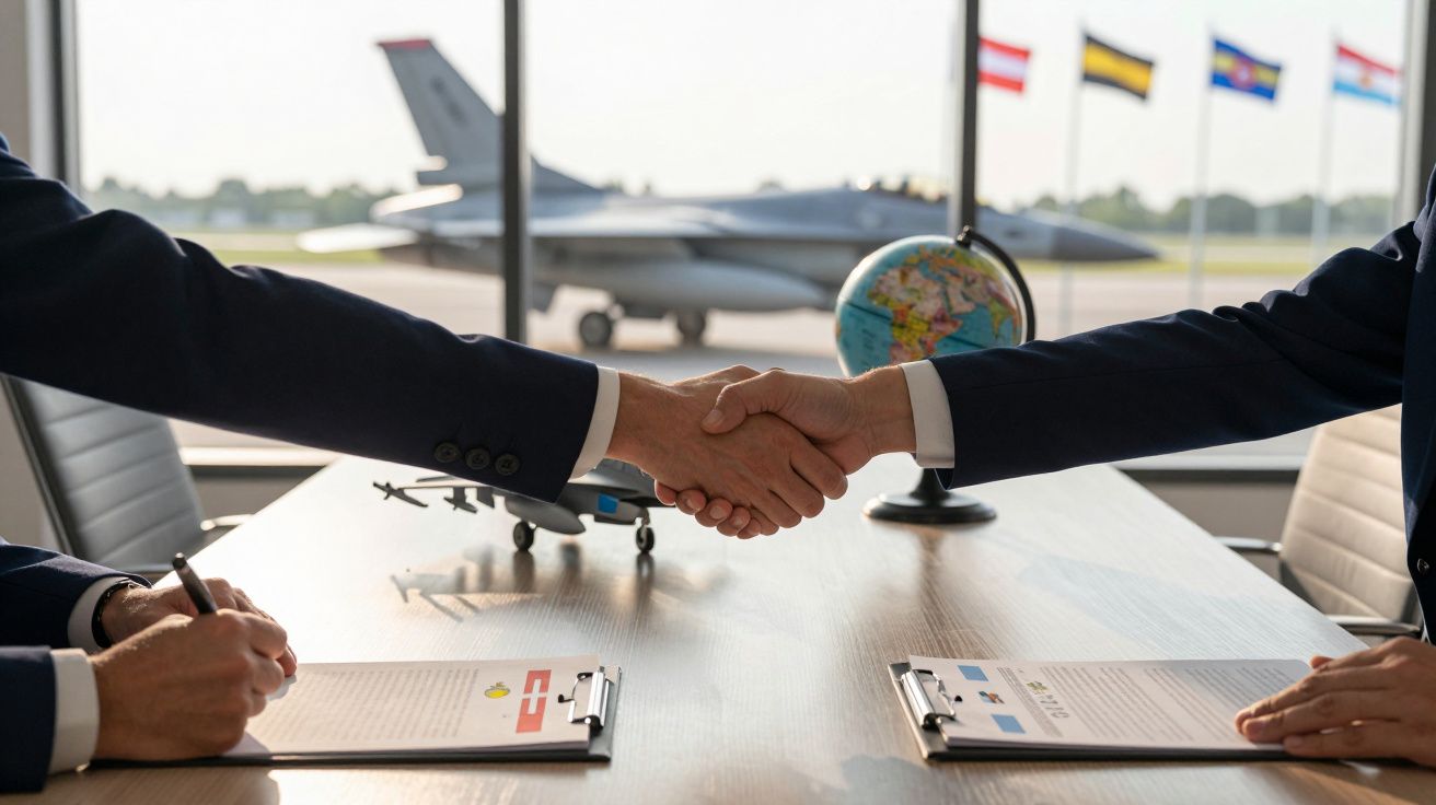 Dois homens em fato apertam as mãos numa mesa com documentos, globo terrestre e avião militar ao fundo.