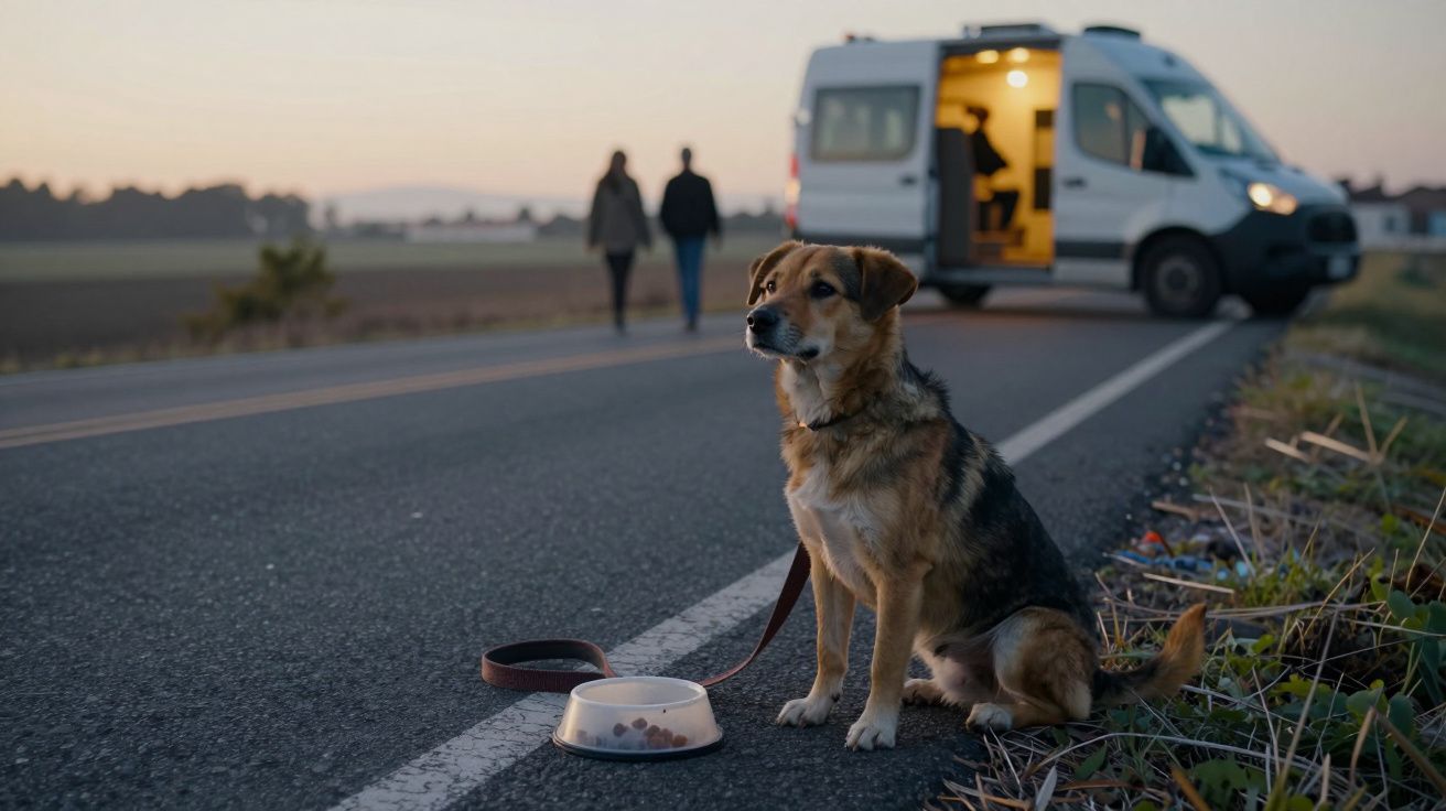 Cão sentado na berma da estrada com pote de comida, e duas pessoas e carrinha ao fundo ao pôr do sol.