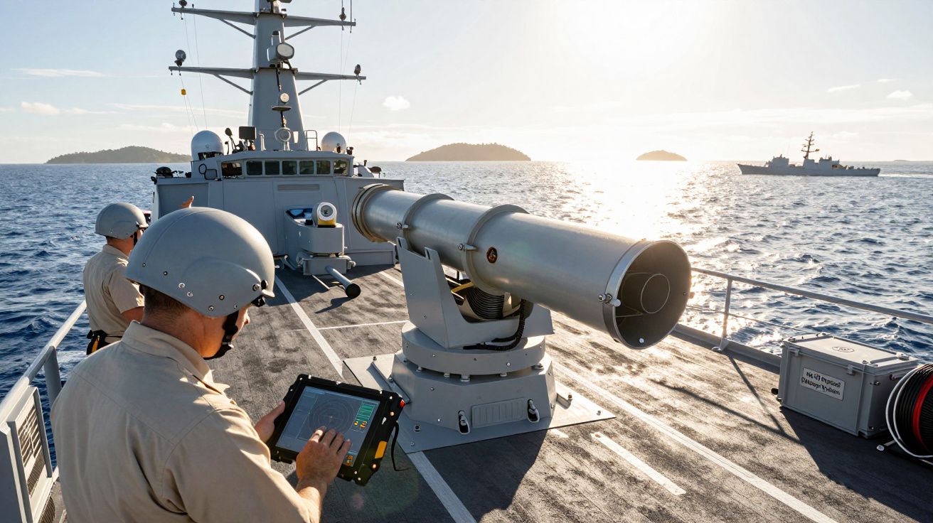 Dois militares em navio naval operam dispositivo tecnológico diante do mar ao pôr do sol, com outro navio ao fundo.