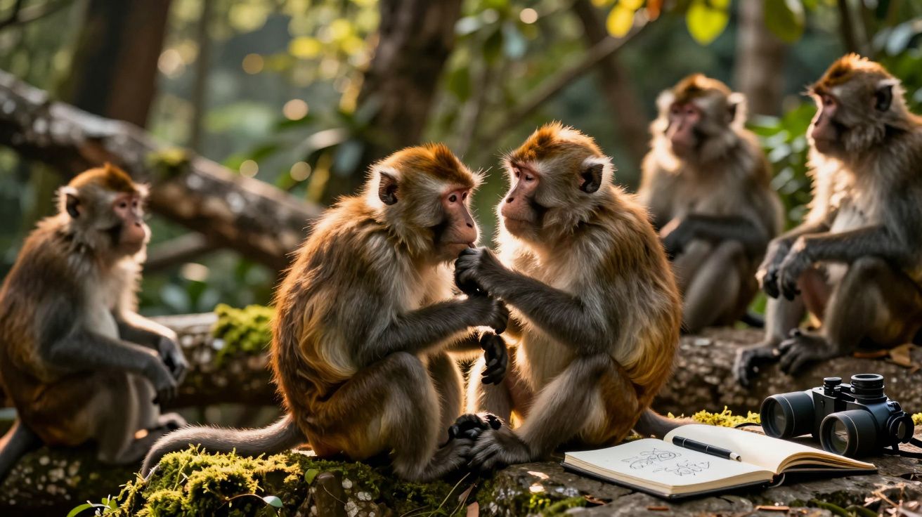 Macacos num bosque, com um caderno e binóculos à sua frente, interagindo entre si ao pôr do sol.
